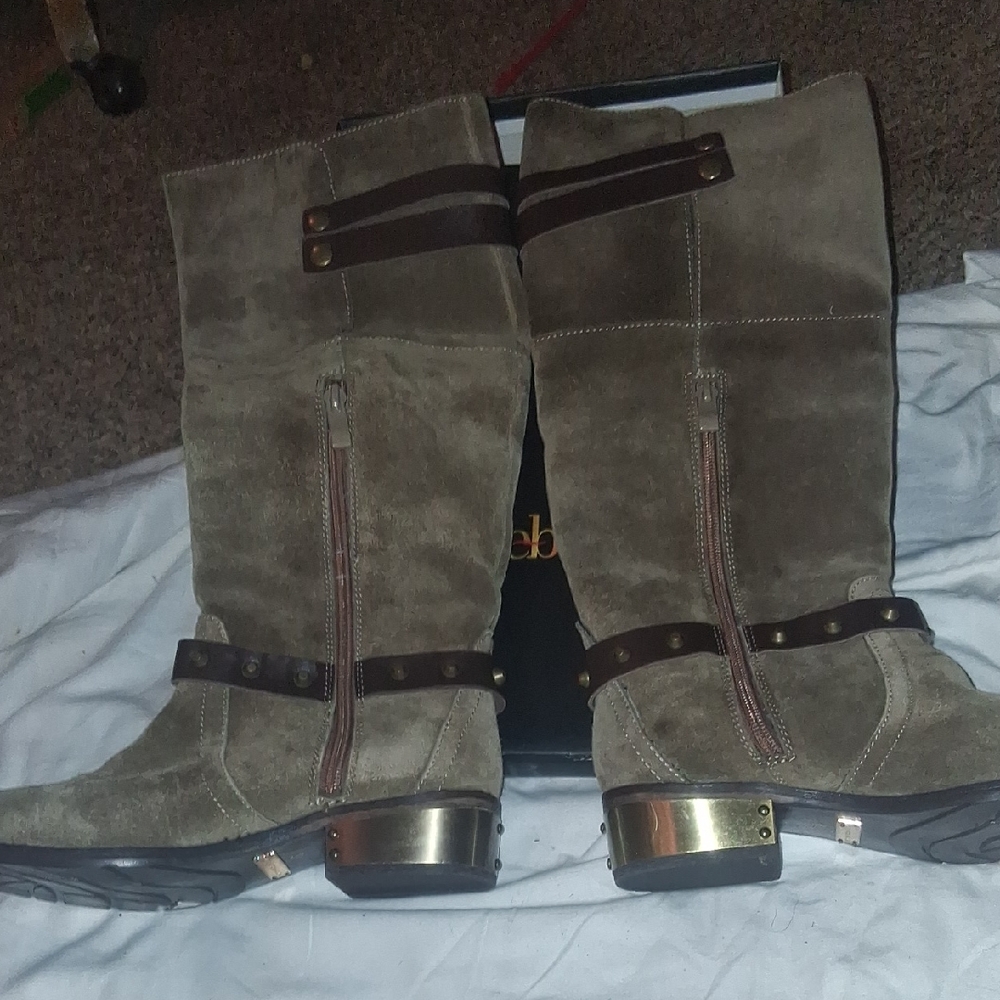 Suede Knee-High Boots with Gold Accents